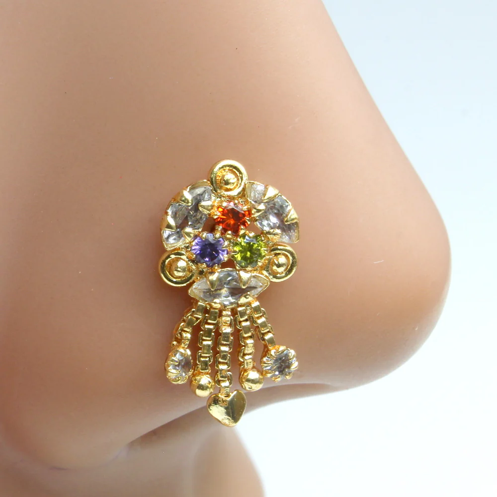 Dangle chains CZ nose ring or nose pin