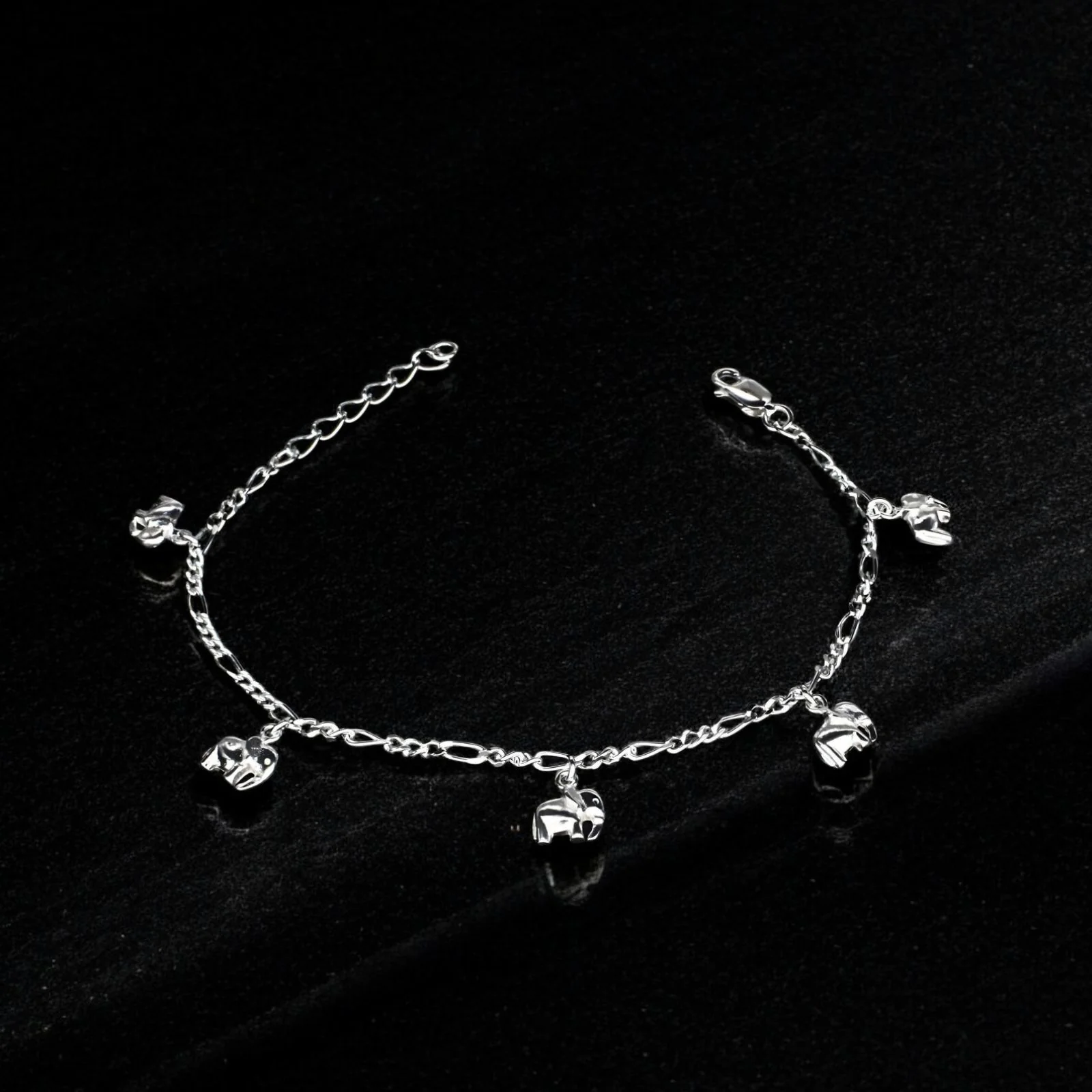Divine 925 Sterling Silver five elephants charms figaro chain Bracelet for Girls