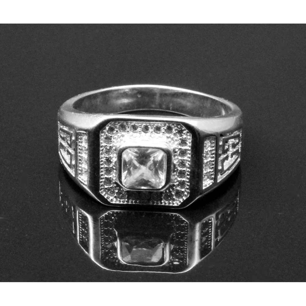 Elegant Real Silver CZ Studded Platinum Finish Men's Halo Ring - Image 3