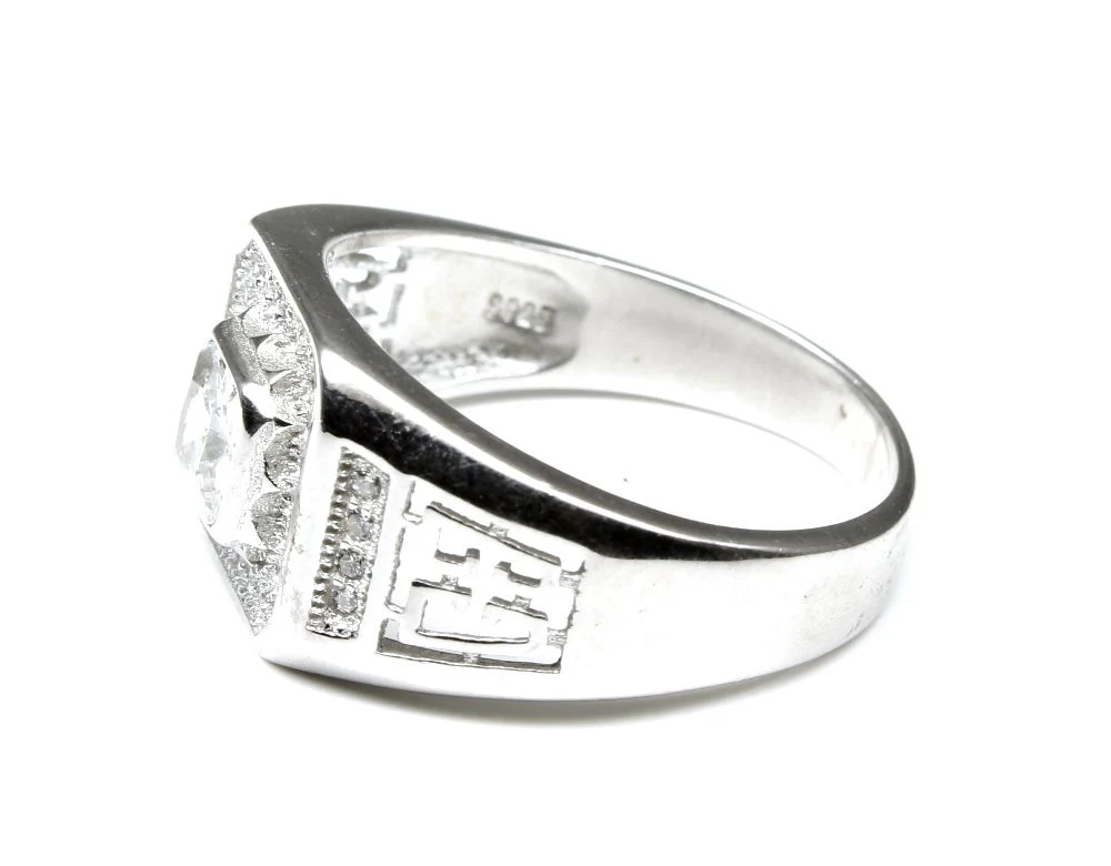 Elegant Real Silver CZ Studded Platinum Finish Men's Halo Ring - Image 4