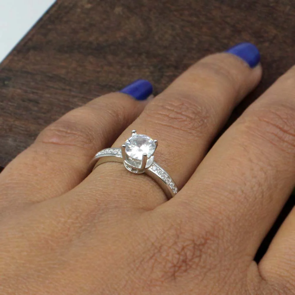 Elegant Round Solitaire Sterling Silver Women Ring