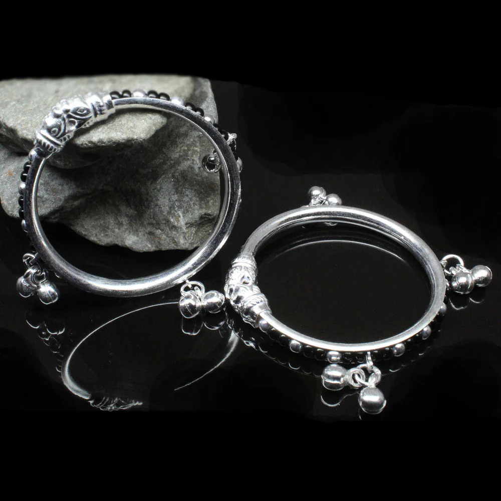 Elephant Face Real Silver Baby Toddler Bangles Bracelet with Jingle Bells - Pair