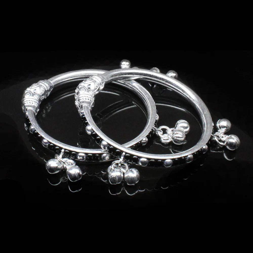 Elephant Face Real Silver Baby Toddler Bangles Bracelet with Jingle Bells - Pair - Image 3
