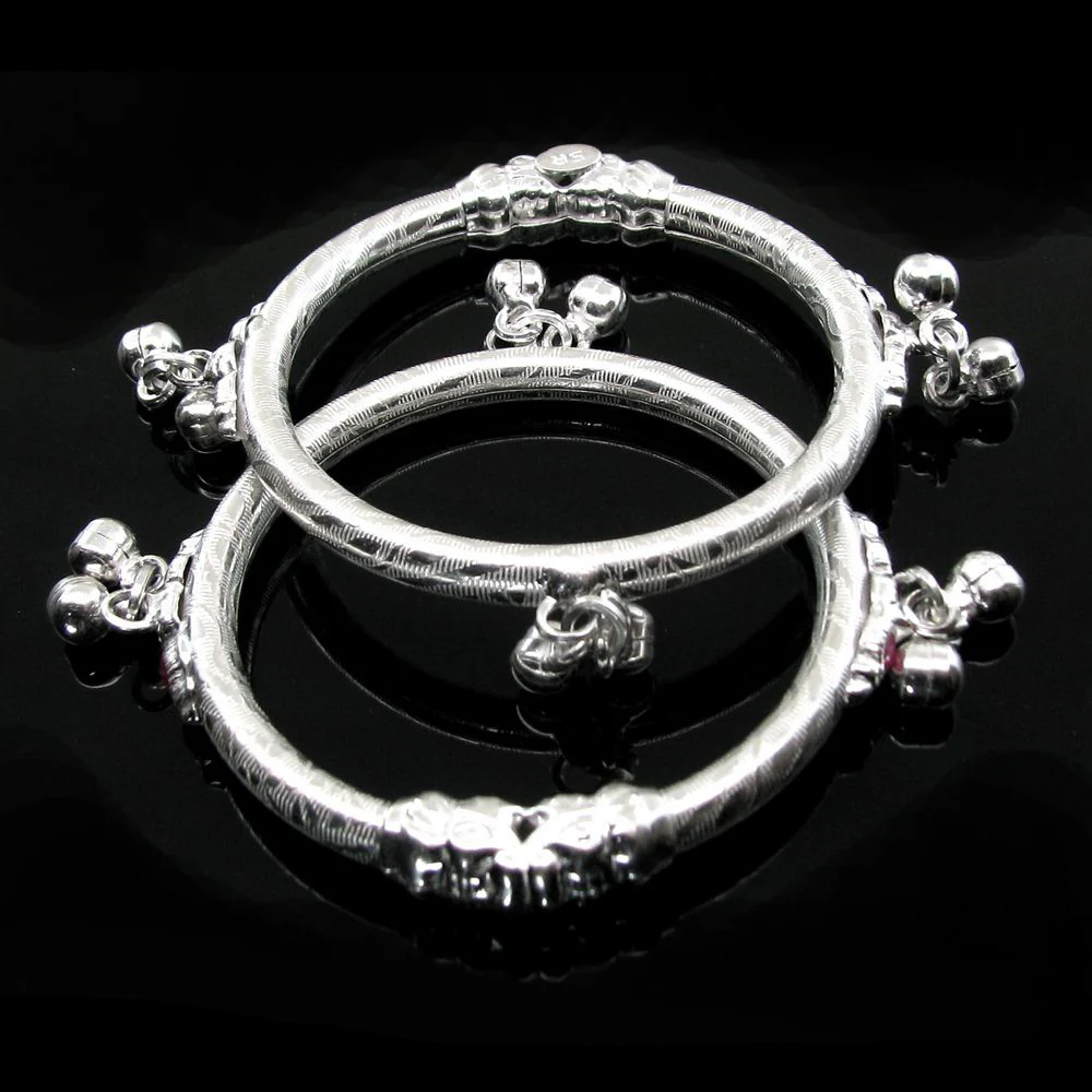 Elephant Face Real Silver Kids Bangles Bracelet With Jingle Bells - Pair - Image 2