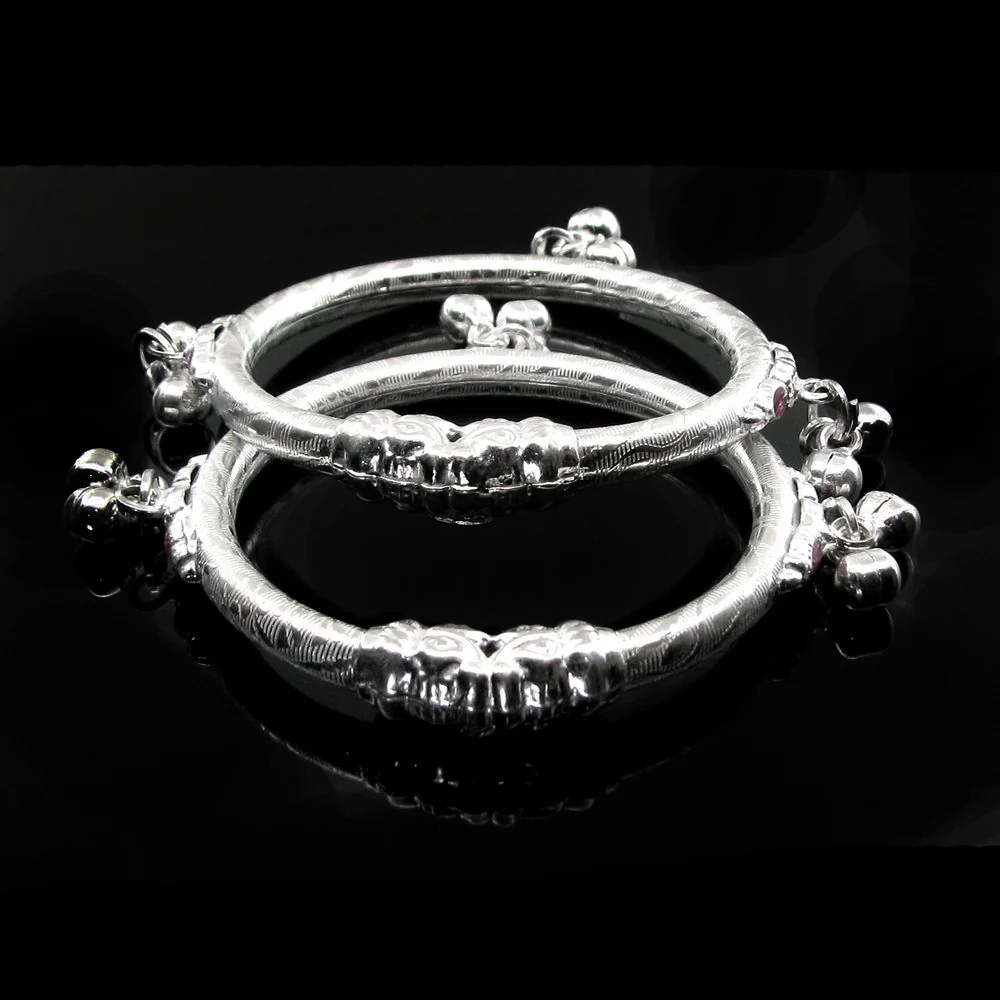 Elephant Face Real Silver Kids Bangles Bracelet With Jingle Bells - Pair - Image 3