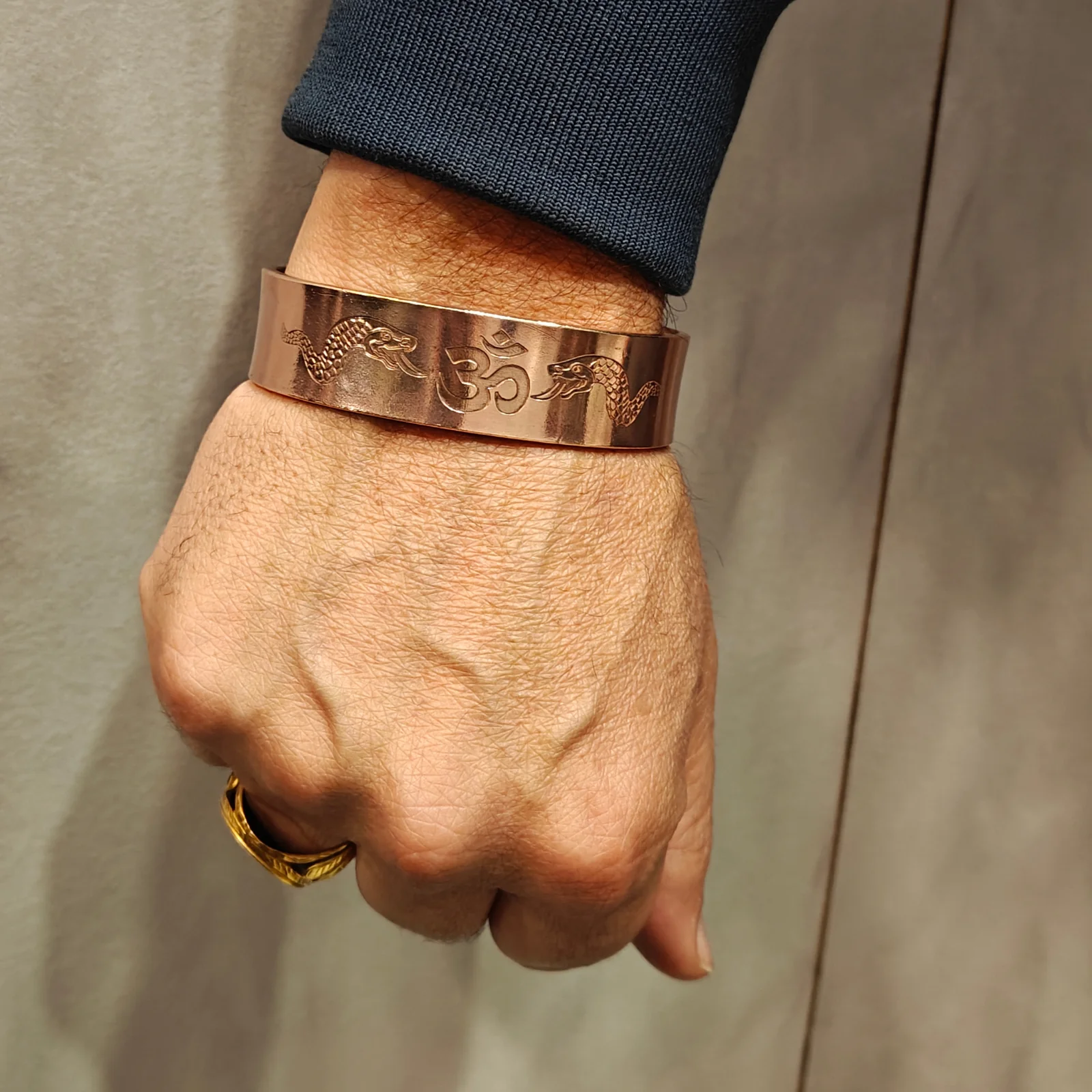 Engraved wide open cuff men's copper bracelet - Image 2