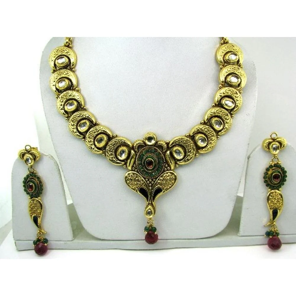 Ethnic Indian Designer Polki Ruby Emerald Necklace Earrings Set