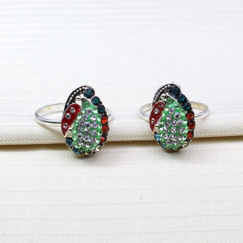 Traditional Indian Handmade Crystal Enamel Toe Rings Pair Real Solid Silver