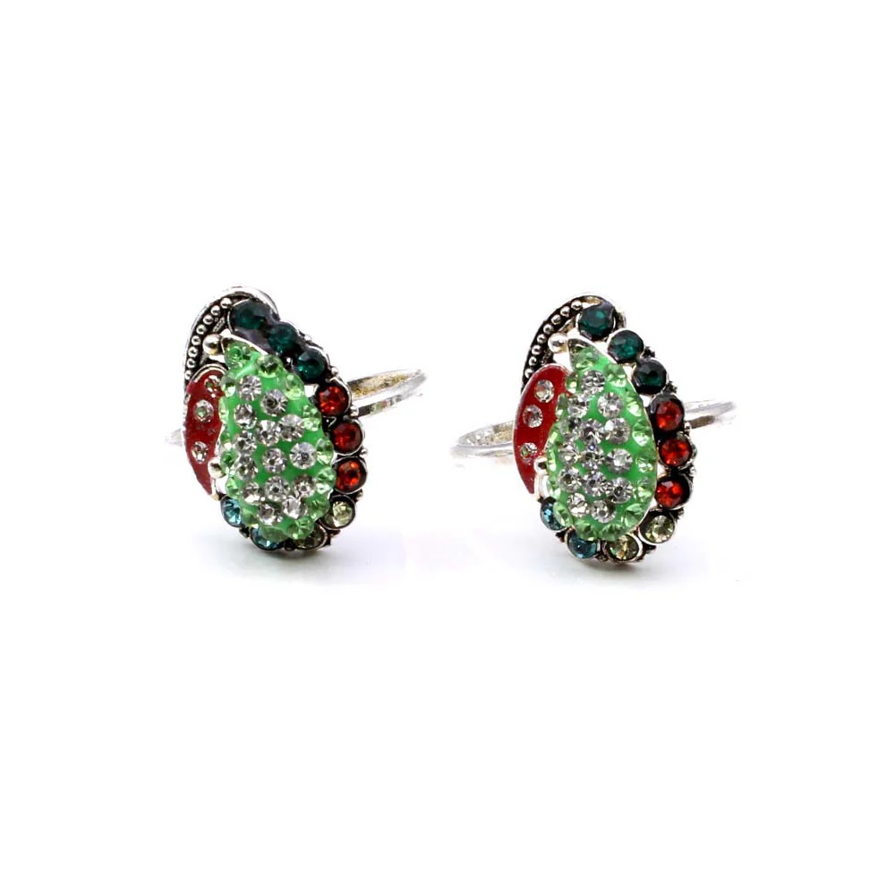 Traditional Indian Handmade Crystal Enamel Toe Rings Pair Real Solid Silver - Image 2