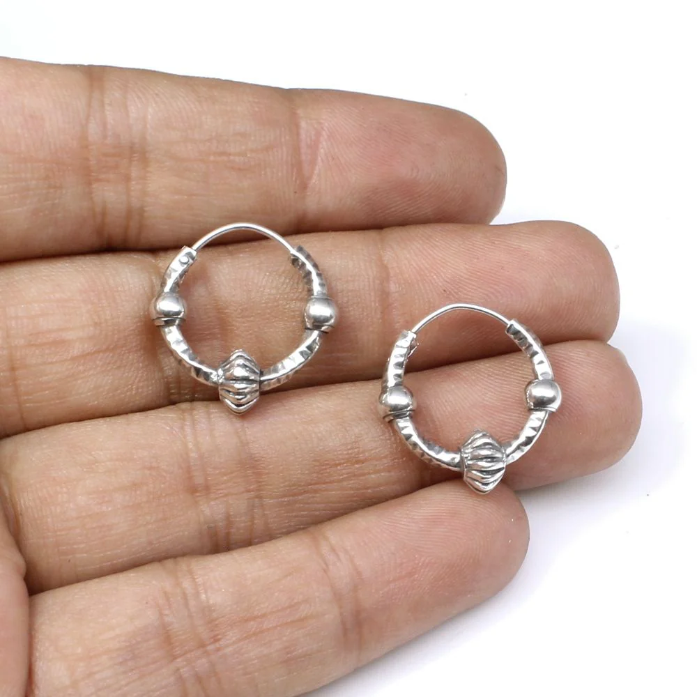 Ethnic Indian style Oxidized 925 Sterling Silver ball hoop hinged earrings