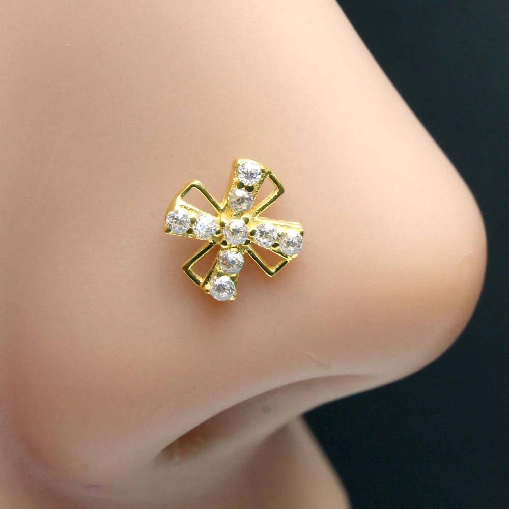 Ethnic Style 14K Real Gold White CZ Twisted Nose Stud 24g - Image 2