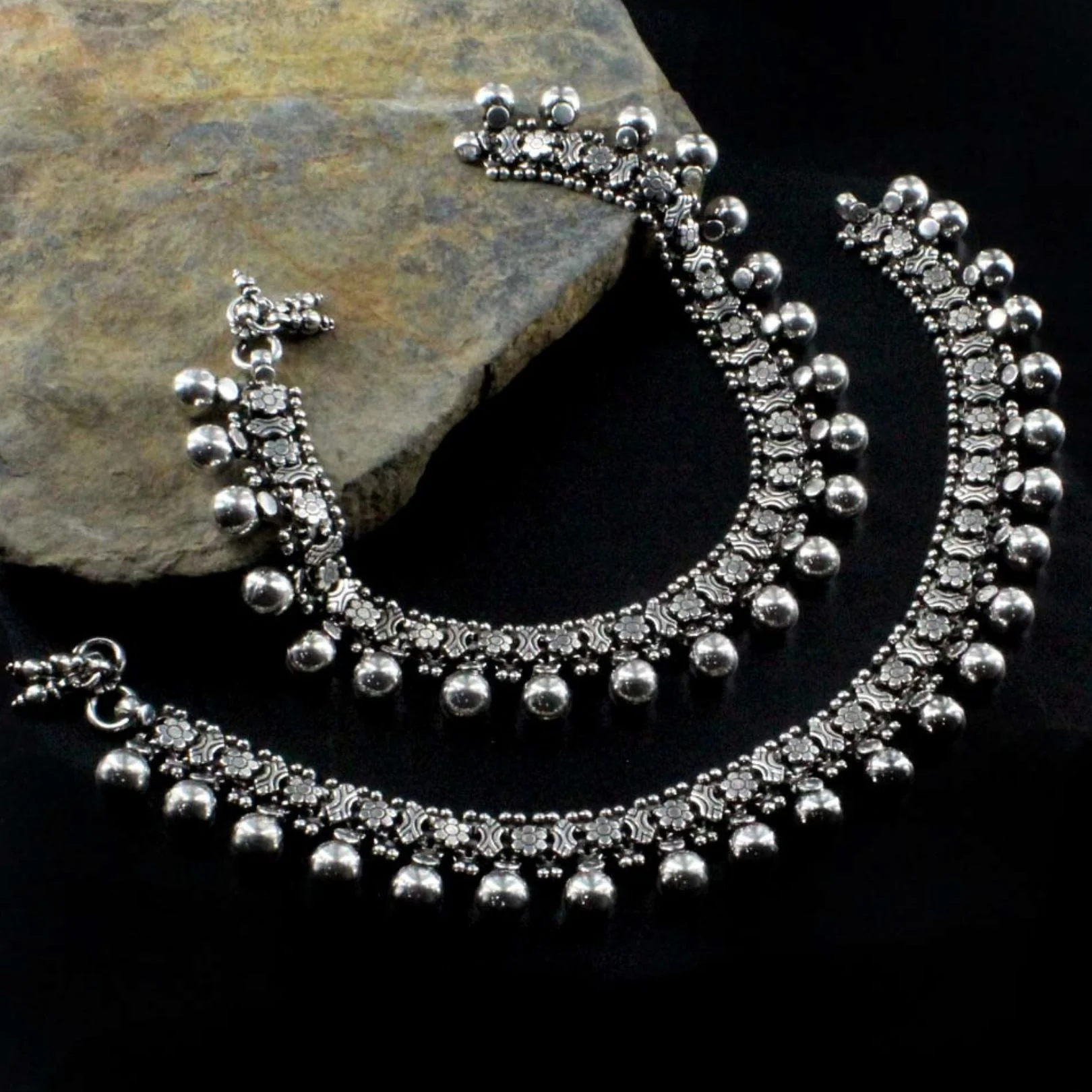 Indian Ethnic Oxidized Silver Women’s Bridal Anklets – 10.5" Anklet Pair