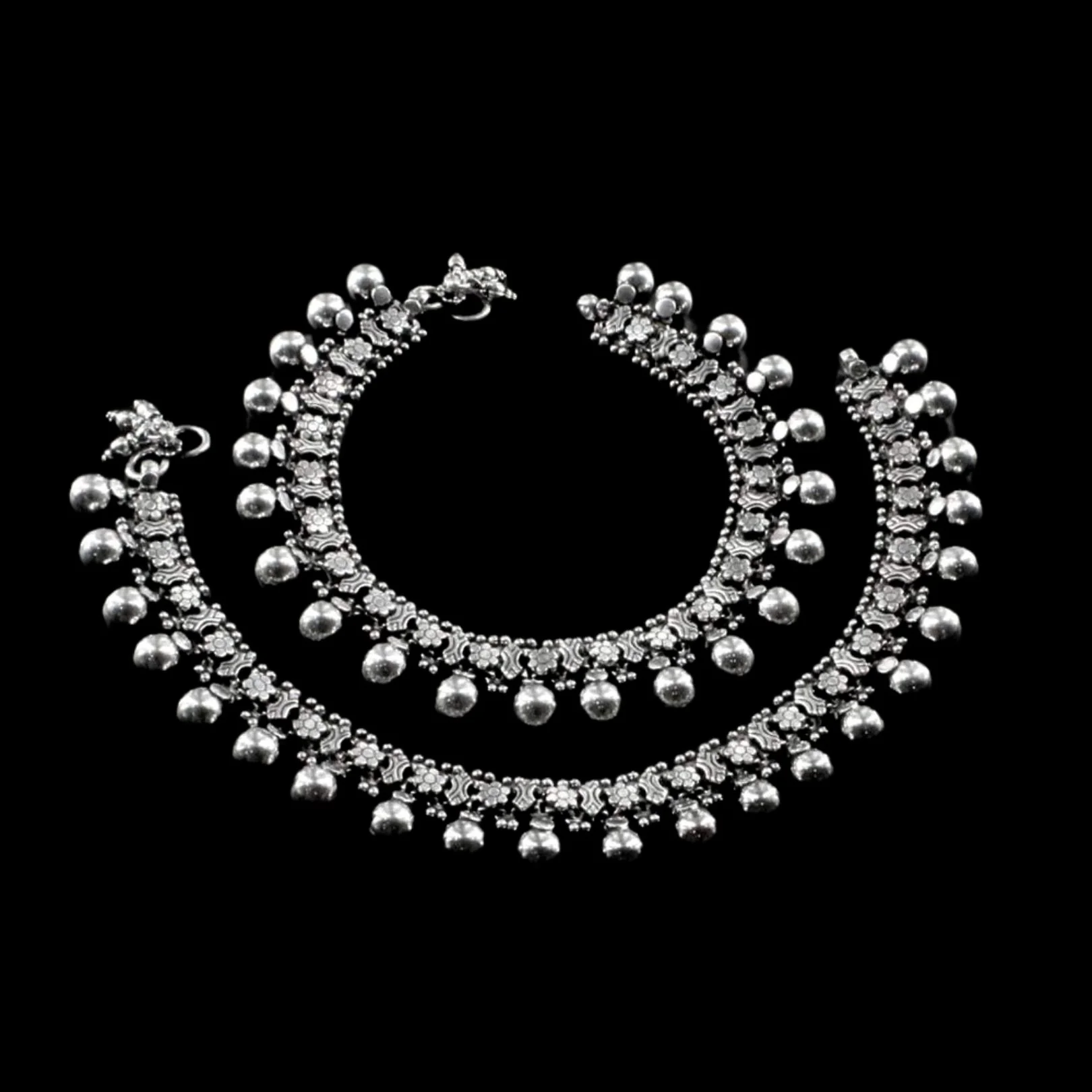 Indian Ethnic Oxidized Silver Women’s Bridal Anklets – 10.5" Anklet Pair - Image 2