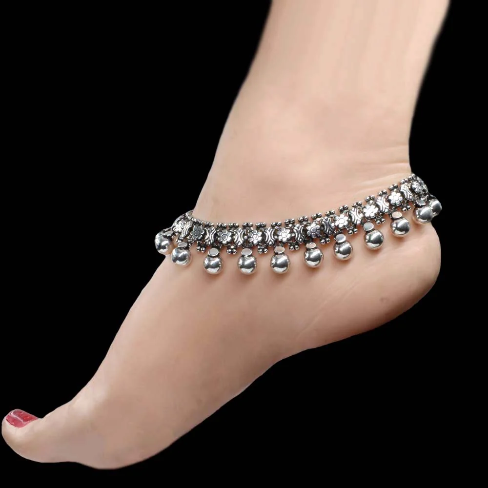Indian Ethnic Oxidized Silver Women’s Bridal Anklets – 10.5" Anklet Pair - Image 3