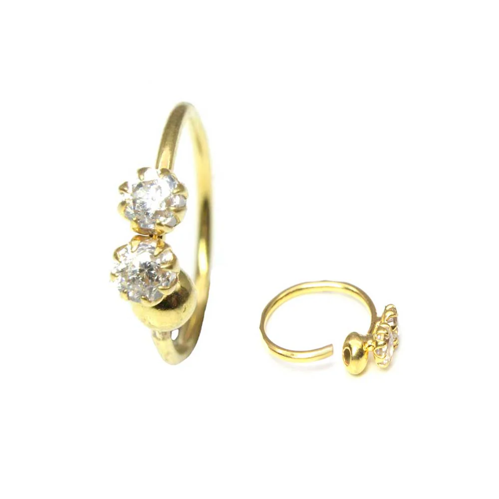 Fabulous 2 CZ Studded Nose Hoop Ring 14k Solid Real Yellow Gold 22g