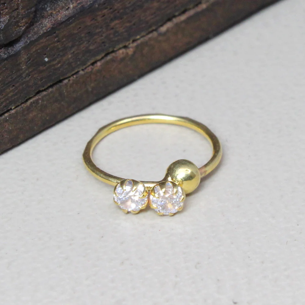Fabulous 2 CZ Studded Nose Hoop Ring 14k Solid Real Yellow Gold 22g - Image 2