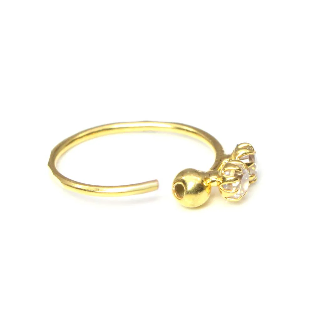 Fabulous 2 CZ Studded Nose Hoop Ring 14k Solid Real Yellow Gold 22g - Image 3