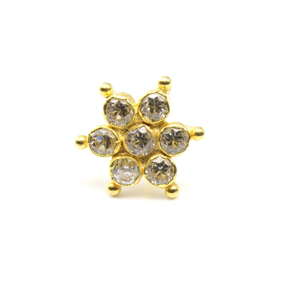 Floral 14K Gold Nose Stud White CZ Indian style L Bend nose ring 22g - Image 3