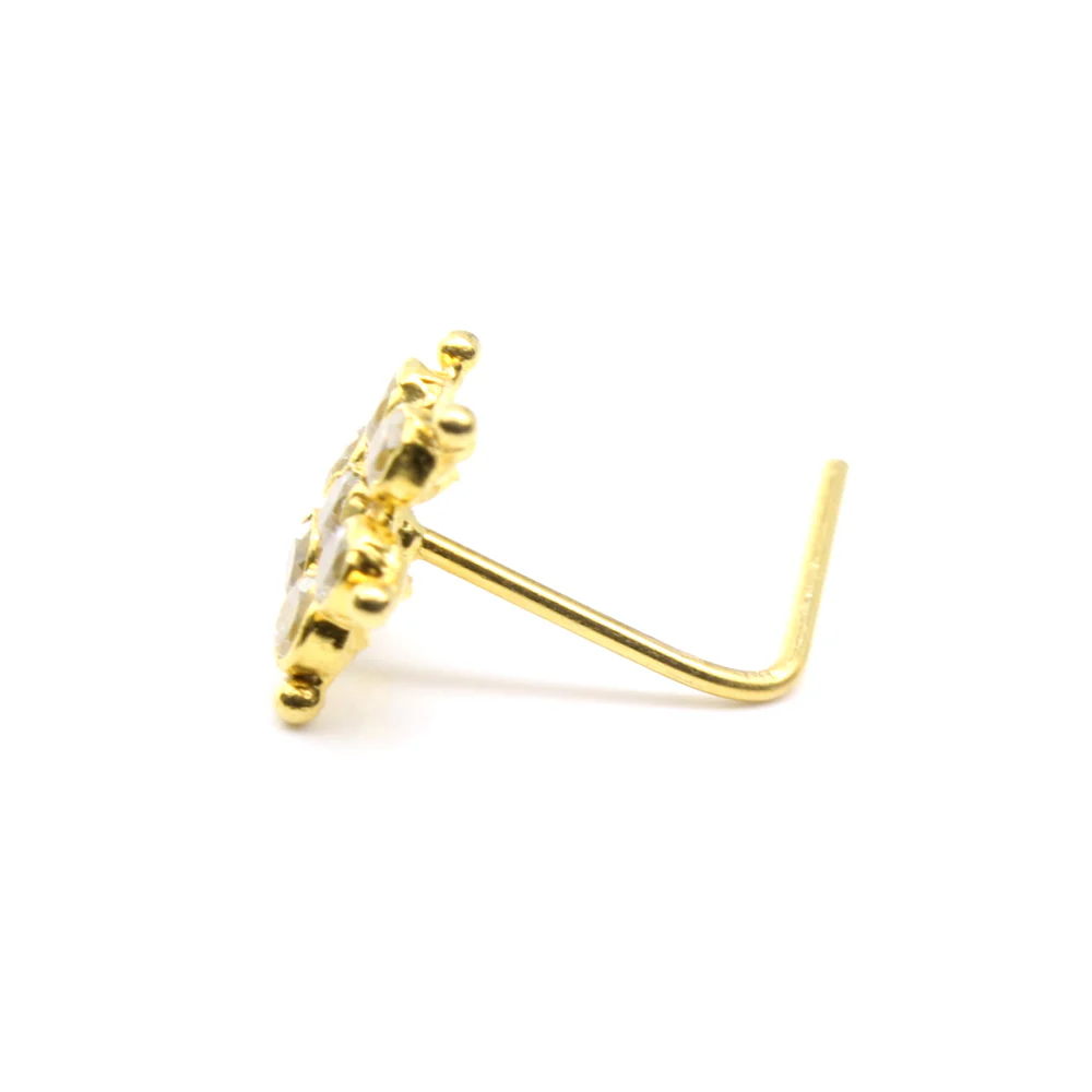 Floral 14K Gold Nose Stud White CZ Indian style L Bend nose ring 22g - Image 4