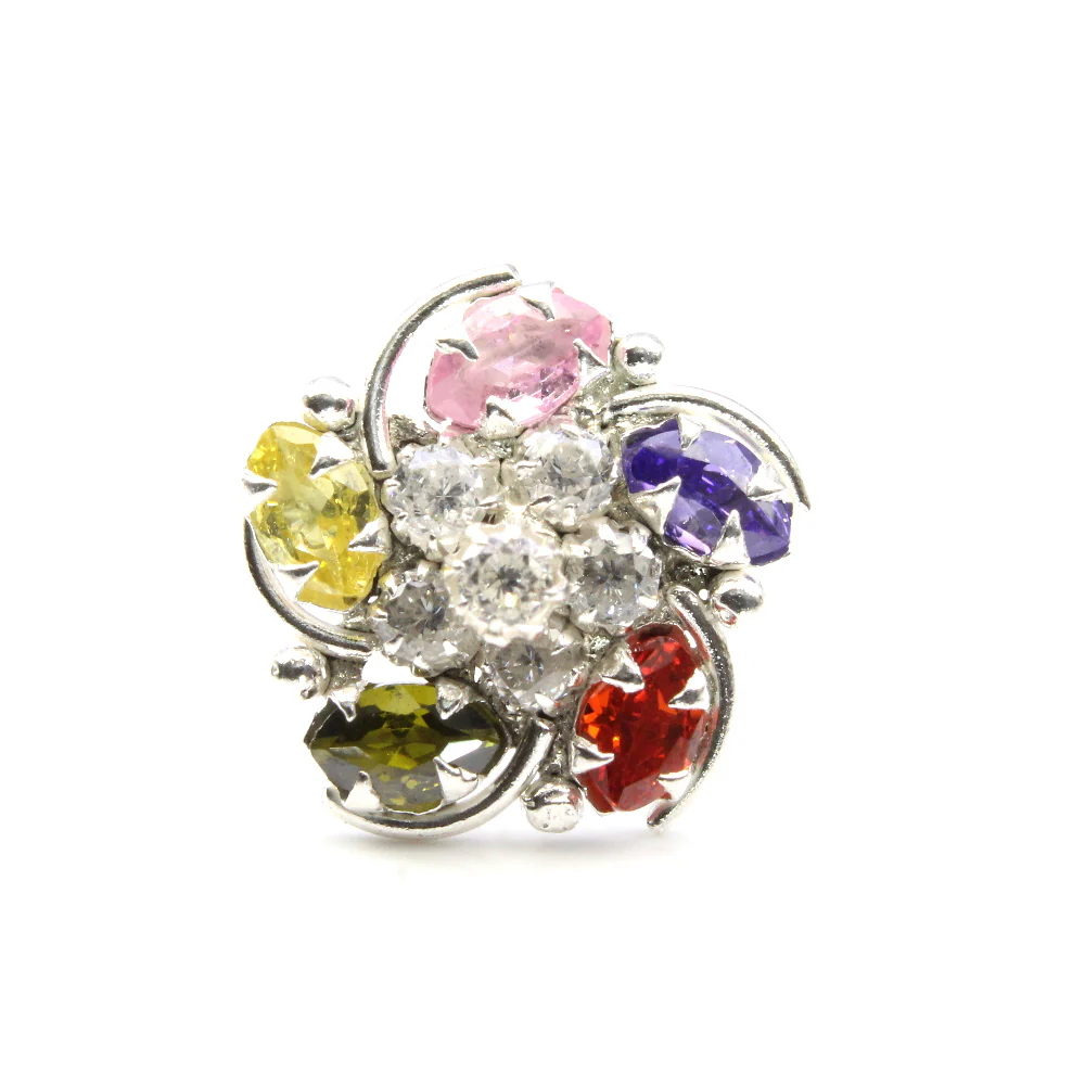 Floral Curved Wire Design Silver Nose Pin