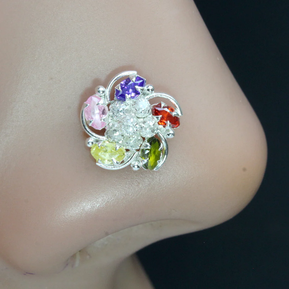 Floral Curved Wire Design Silver Nose Pin - Image 2