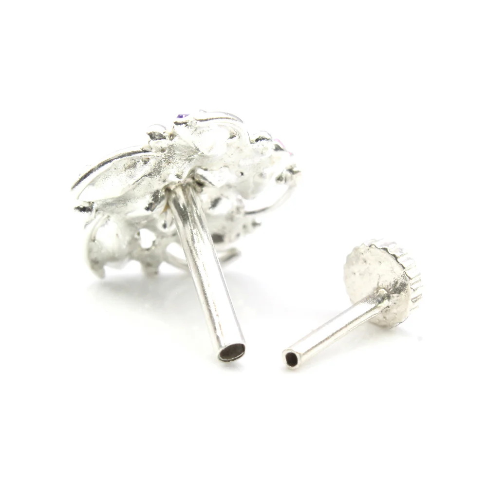 Floral Curved Wire Design Silver Nose Pin - Image 3