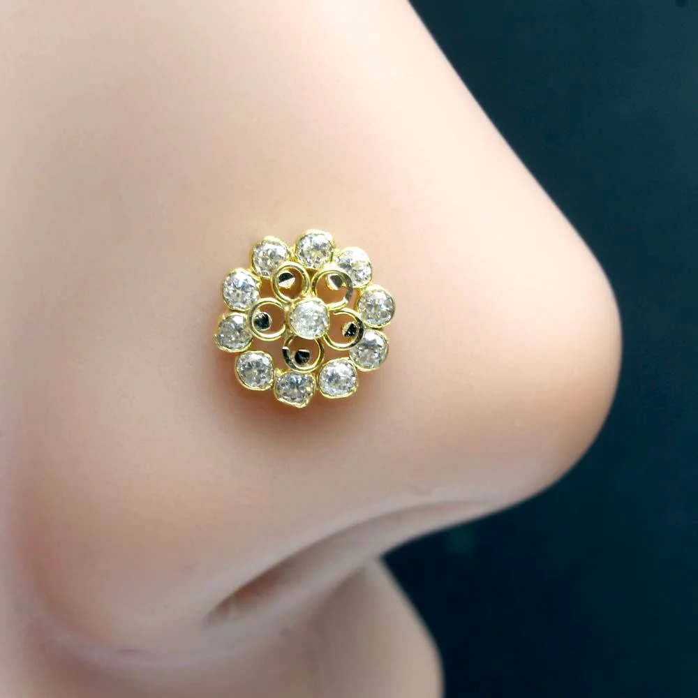 Flower Style 14K Real Gold Nose stud White CZ nose ring Push Pin