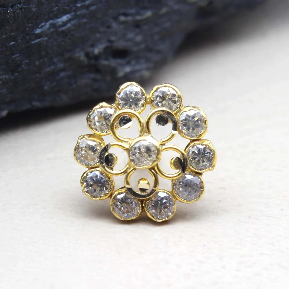 Flower Style 14K Real Gold Nose stud White CZ nose ring Push Pin - Image 2
