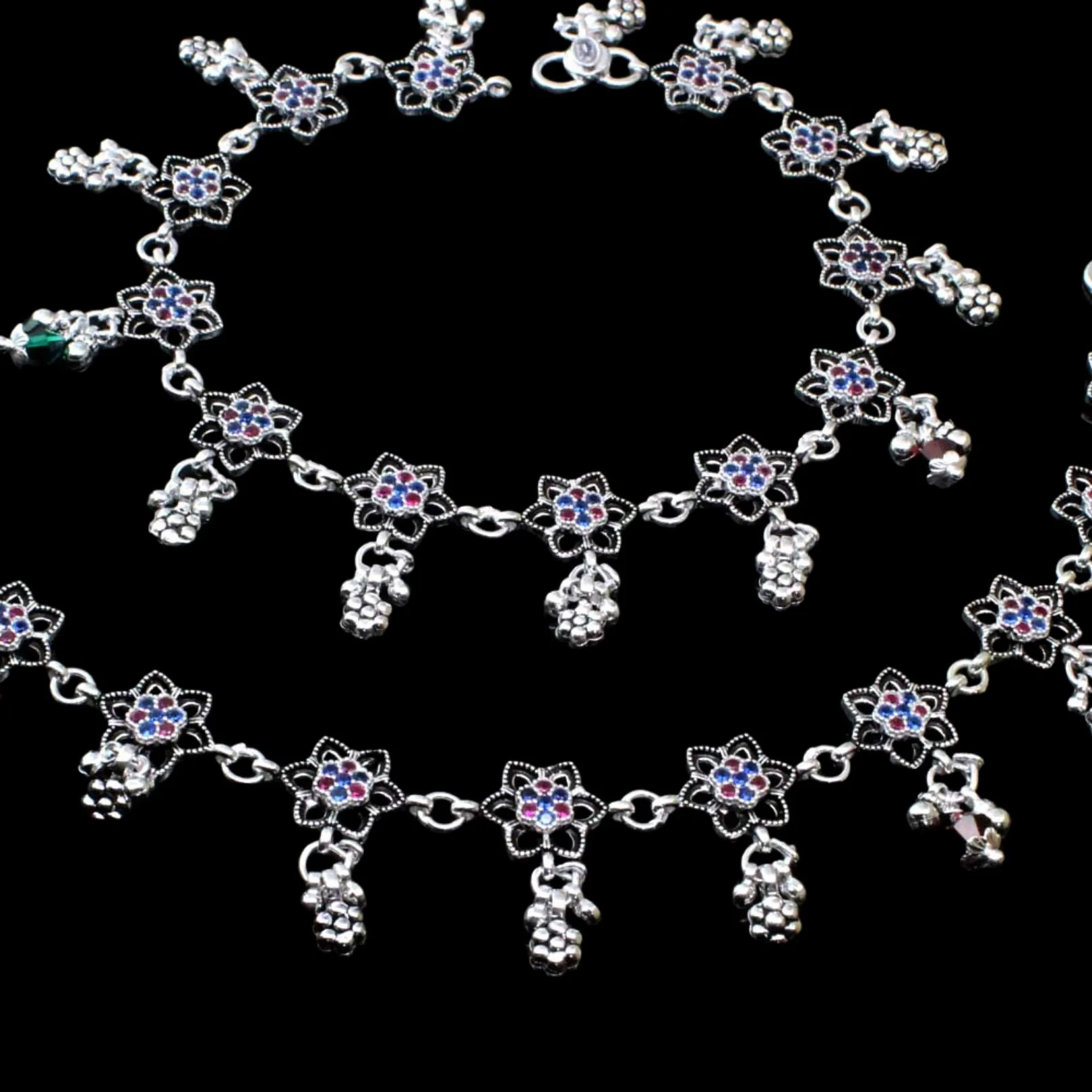 Flower Style Real Sterling Silver Oxidized CZ Anklets – 10.5 Inch Pair - Image 3