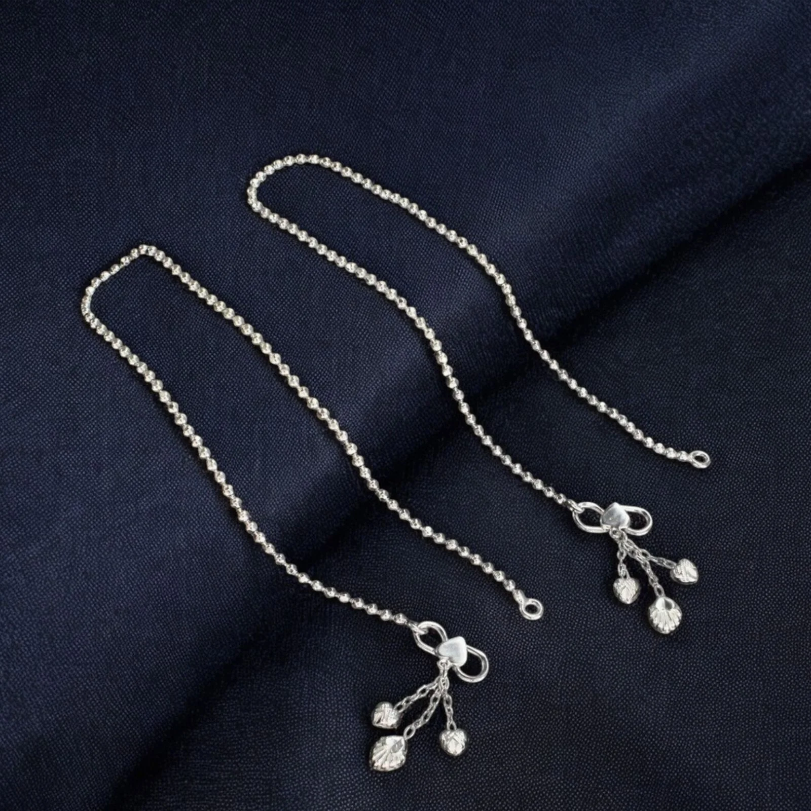 Girlish 925 Sterling Silver ball beaded Chain Anklet Pair 10.3"