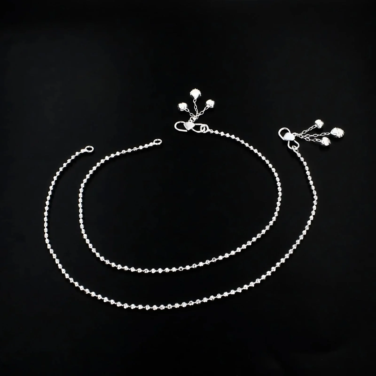 Girlish 925 Sterling Silver ball beaded Chain Anklet Pair 10.3" - Image 3
