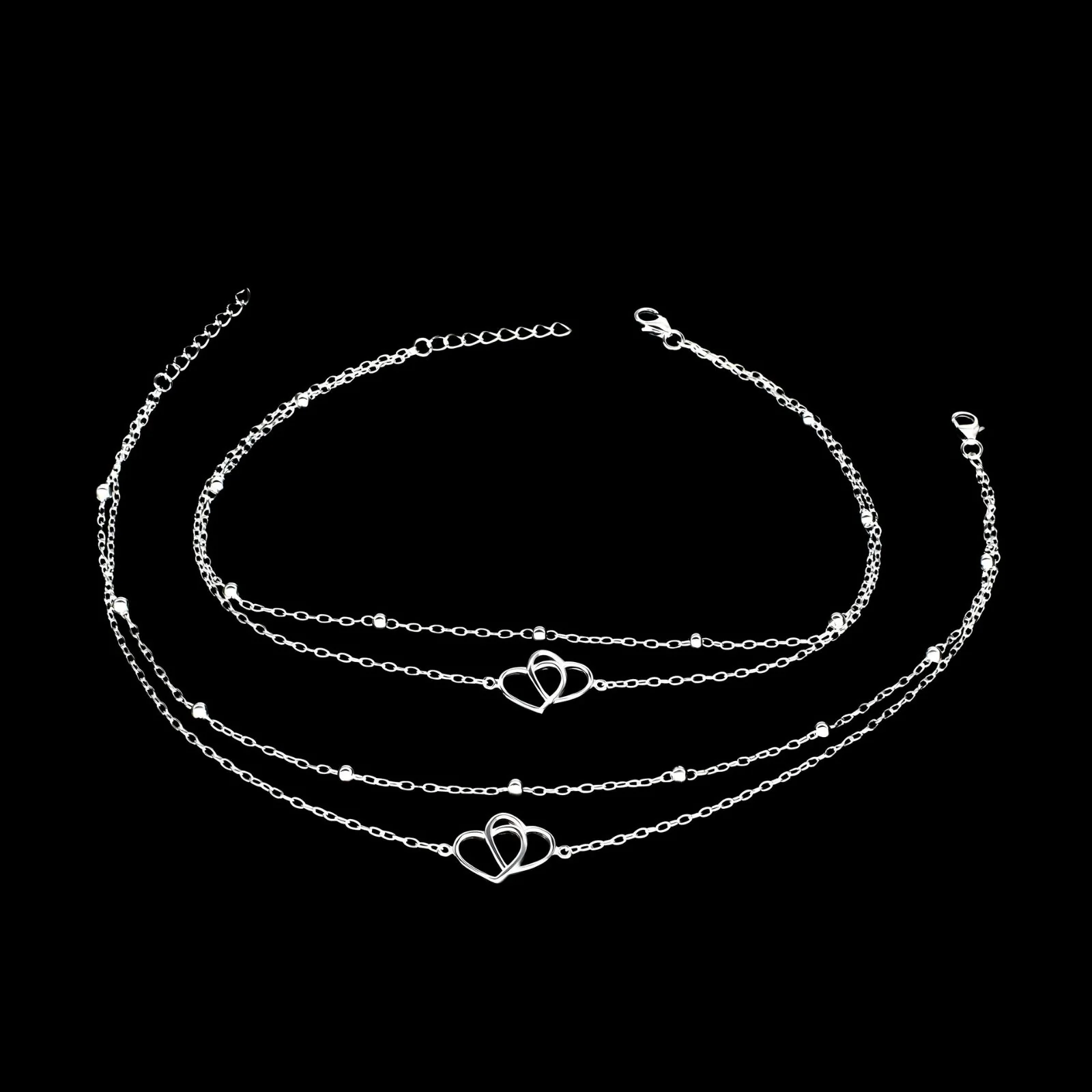 Girlish 925 Sterling Silver Beaded Double Layered Love Heart beach Foot Anklet Pair 11" - Image 3