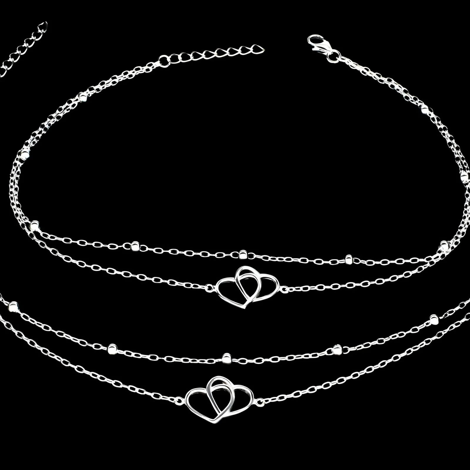 Girlish 925 Sterling Silver Beaded Double Layered Love Heart beach Foot Anklet Pair 11" - Image 4