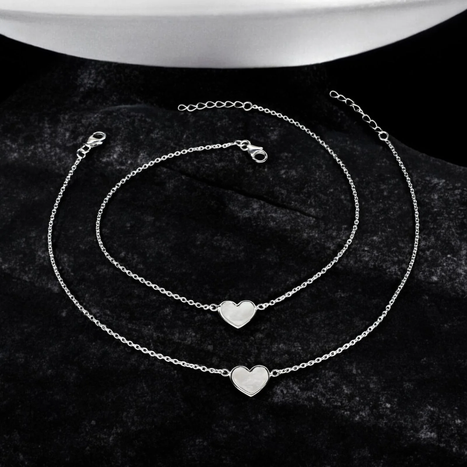 Girlish 925 Sterling Silver Lovely Heart Charm beach wear foot Anklet Pair 10.5"