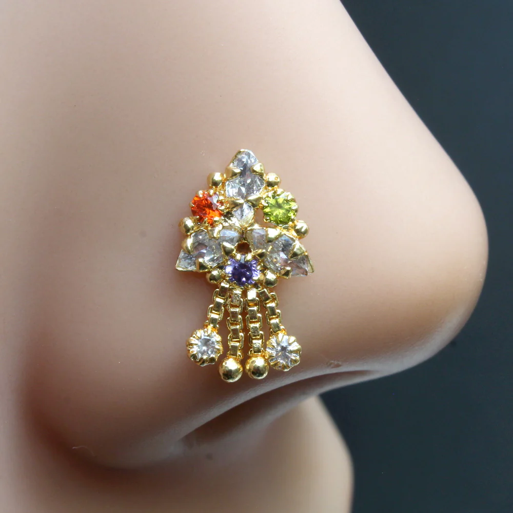 Gold plated nose pin with hanging chains