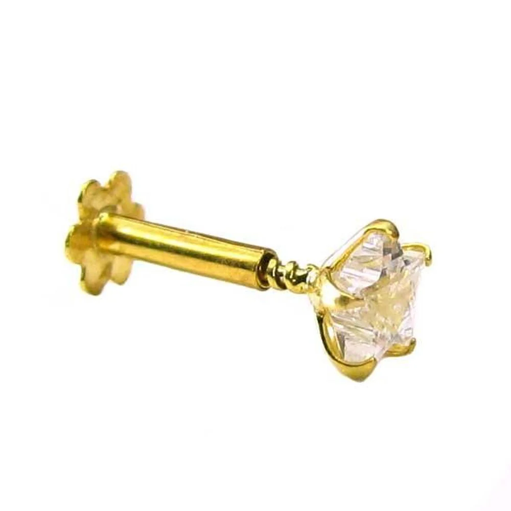 Graceful White CZ Piercing Nose Stud Pin Solid Real 14k Yellow Gold Screw Back - Image 2