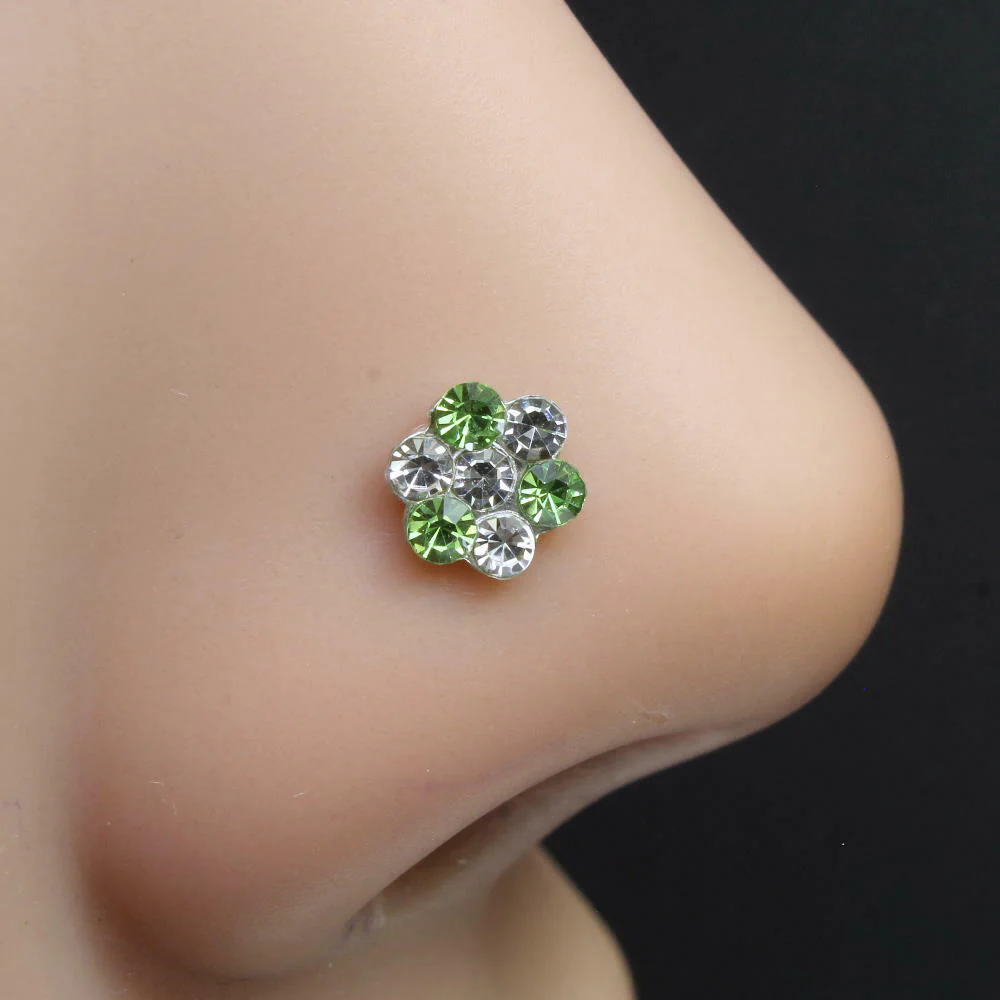 Green white crystal nose piercing
