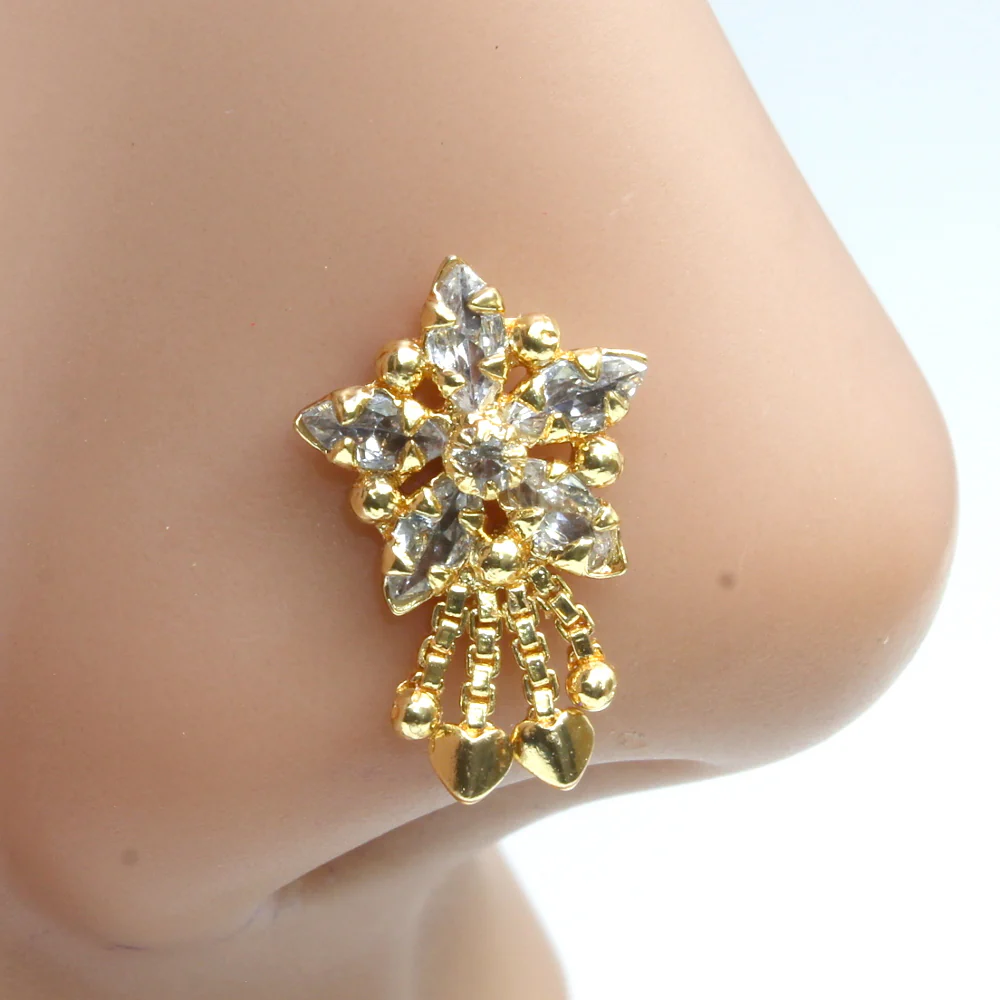 Heart-shaped drops dangle nose pin