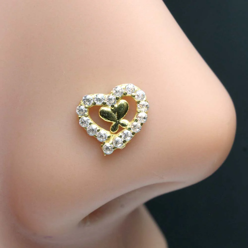 Heart Style 14k Real Gold CZ Corkscrew Nose Stud 24g - Image 2