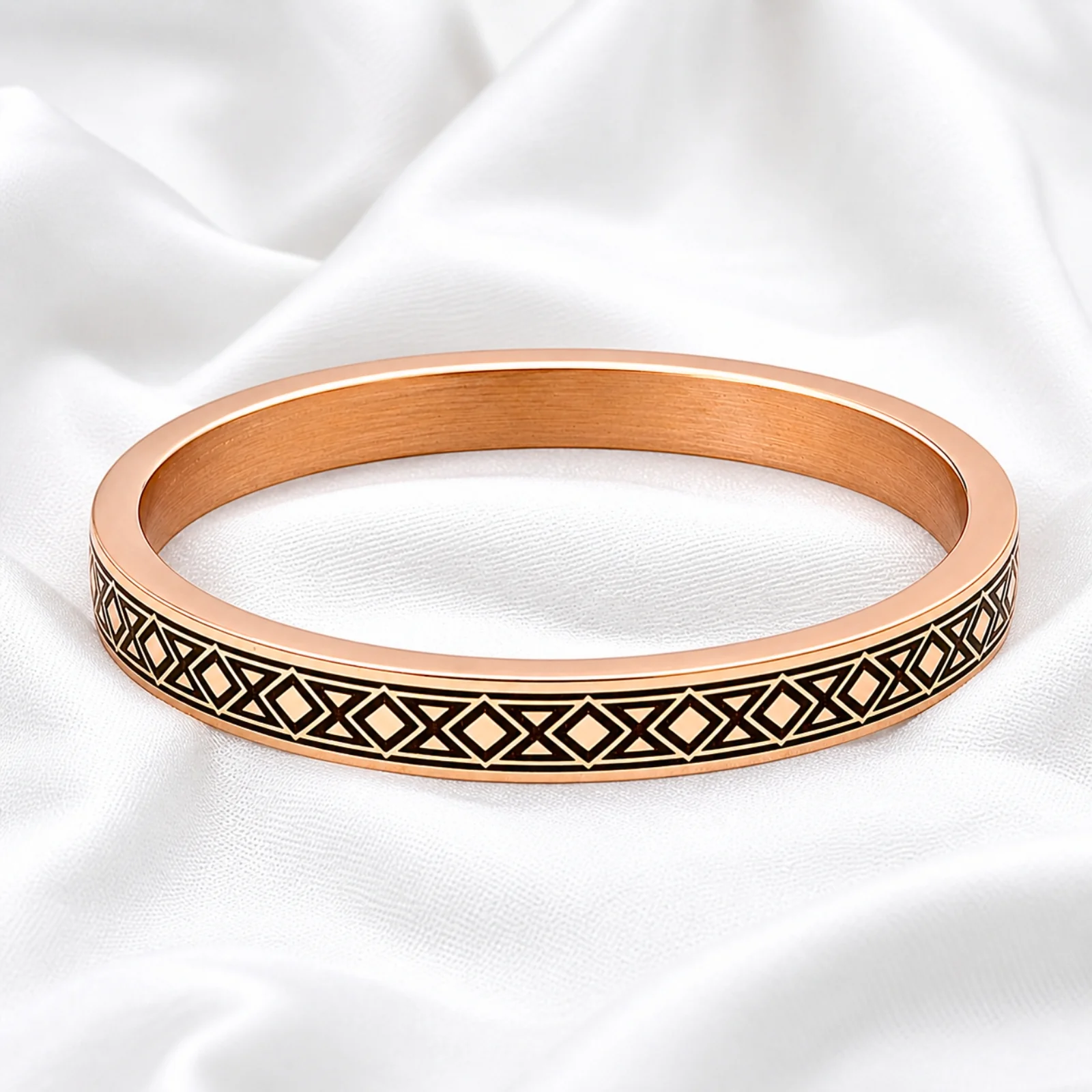 Heavy Flat Geometric Diamond Pattern Engraved Copper Kada Bangle for Men - Image 2