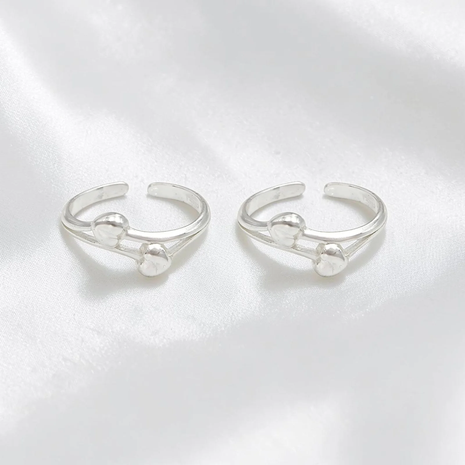Indian 925 Real Silver Women Double Heart Motif Toe Ring - Pair