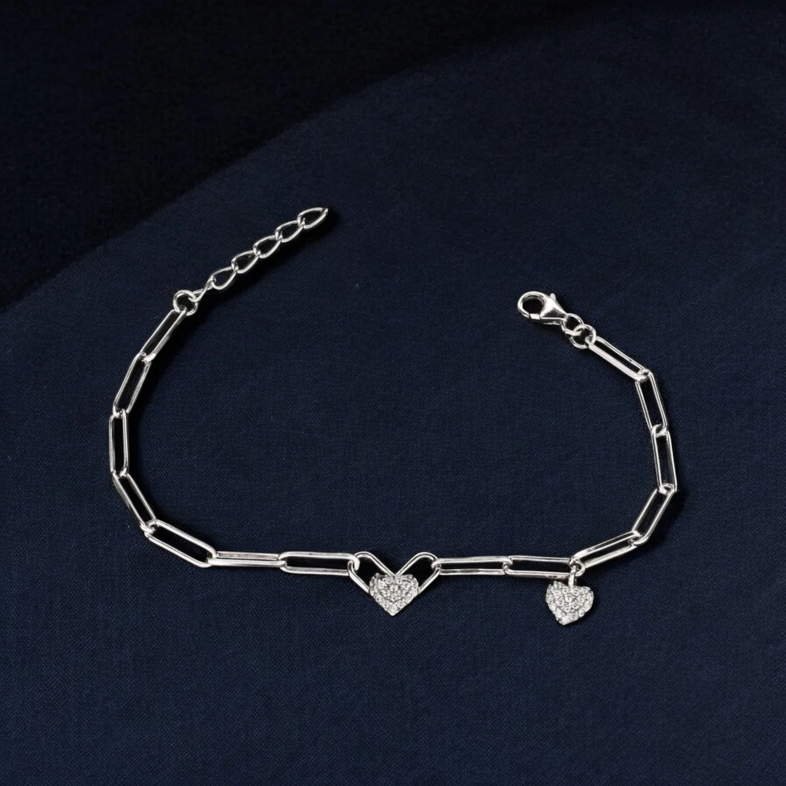 Indian 925 Sterling Silver White CZ Heart charms Paperclip chain Bracelet for Girls