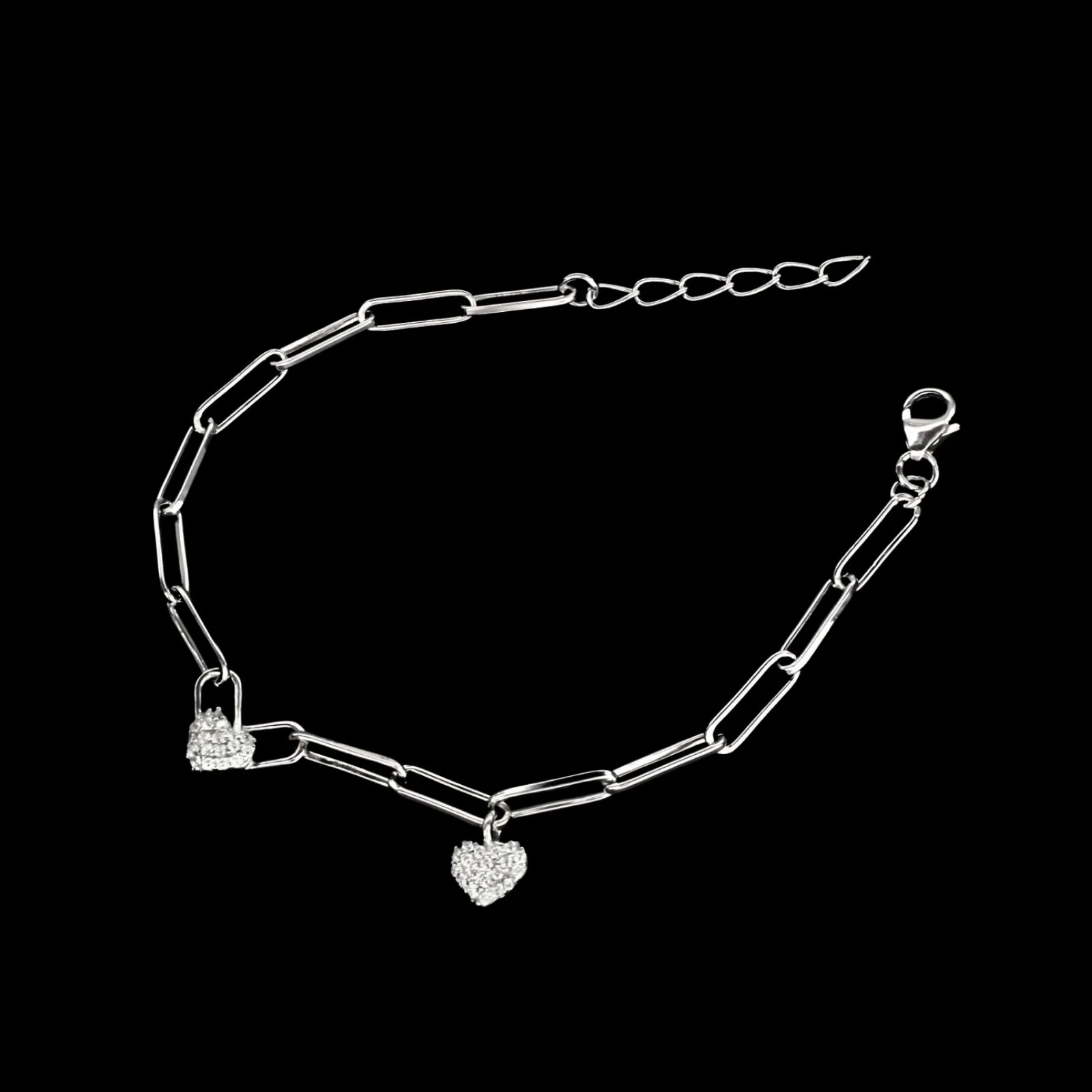 Indian 925 Sterling Silver White CZ Heart charms Paperclip chain Bracelet for Girls - Image 2