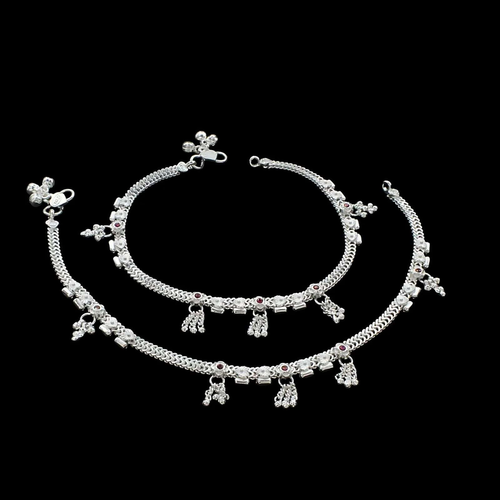 Indian Real Sterling Silver women Pink CZ party wear Anklet Ankle Pair 10.3" - Image 3