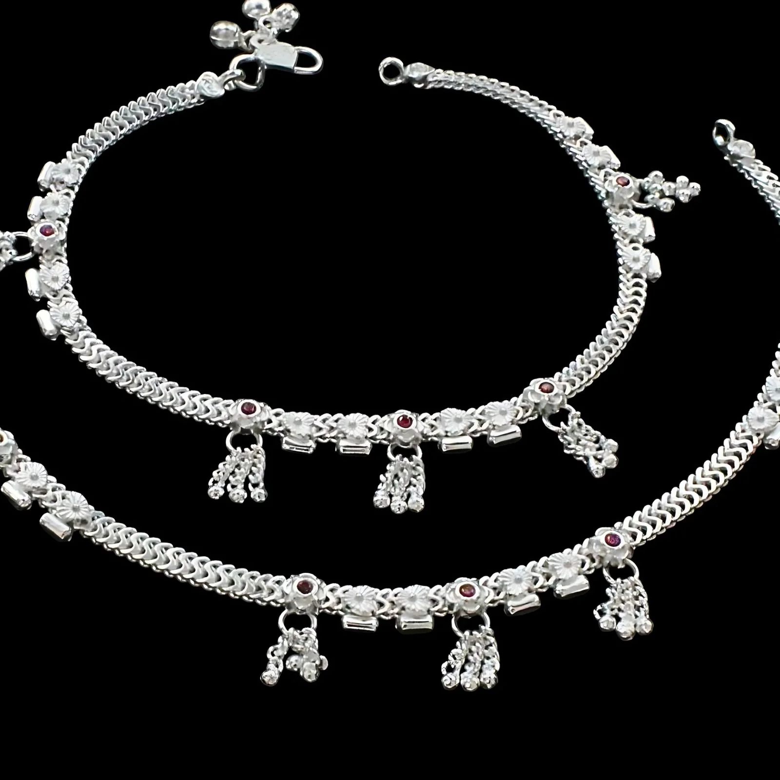 Indian Real Sterling Silver women Pink CZ party wear Anklet Ankle Pair 10.3" - Image 4