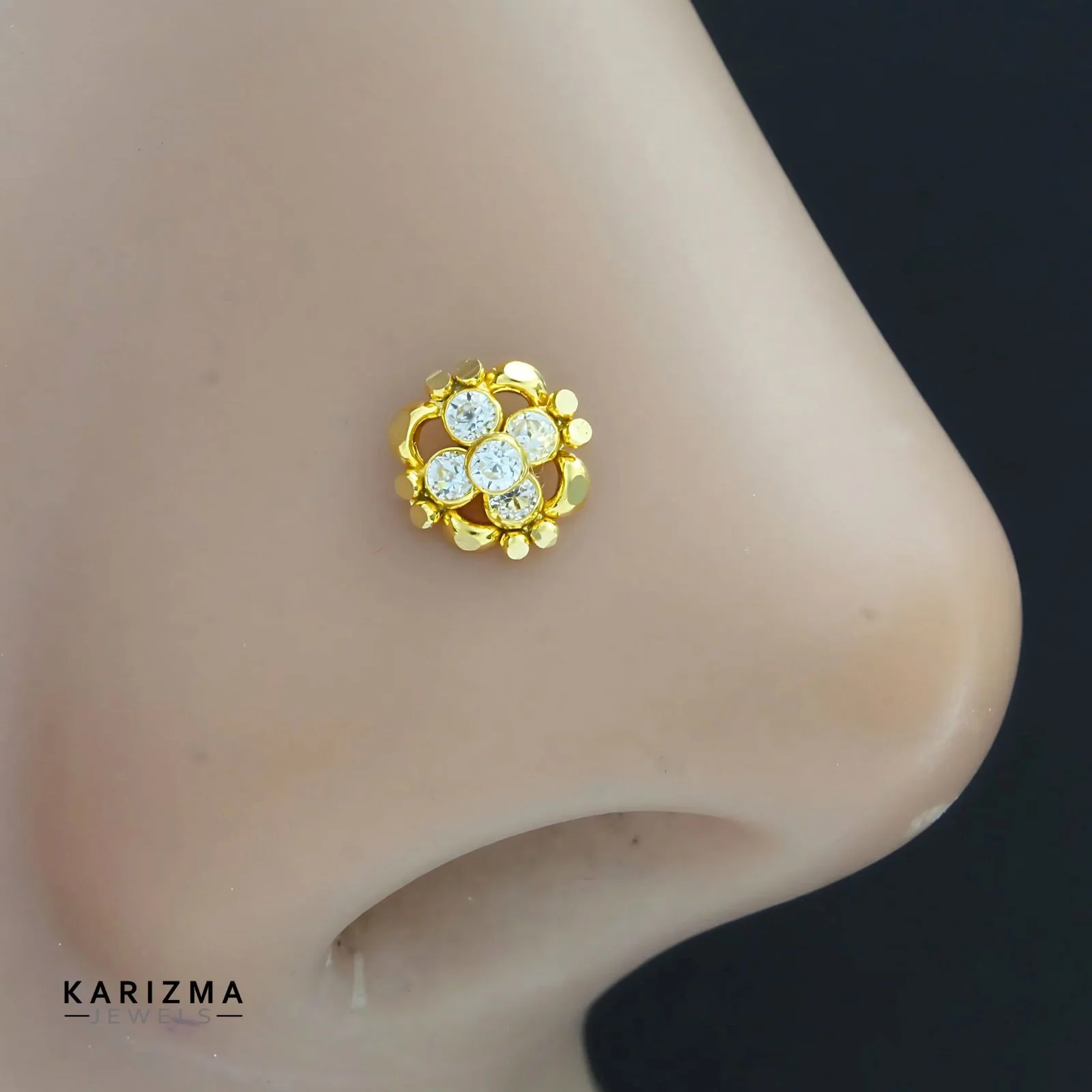 Indian Style 18K Real Gold women White CZ cultural design Nose stud nose ring Push Pin - Image 2