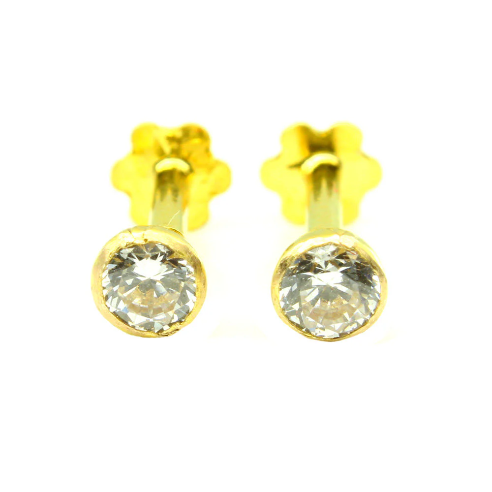 Indian Style CZ Studded EAR Studs PAIR 14k Solid Real Gold Screw Back