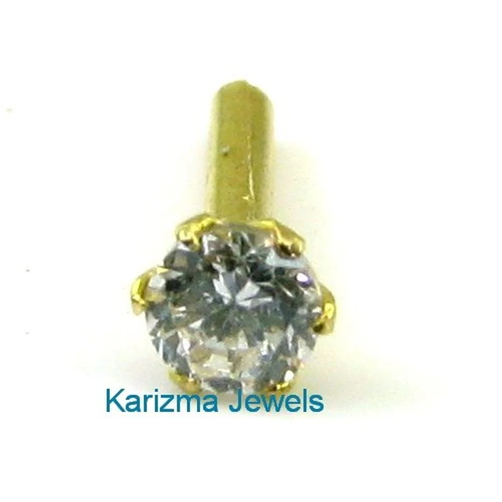 Indian Style Single Stone CZ Studded Body Piercing Jewelry Nose Stud Pin Solid Real 14k Yellow Gold