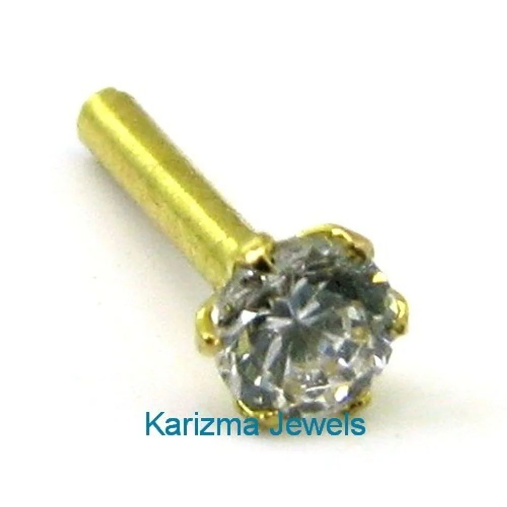 Indian Style Single Stone CZ Studded Body Piercing Jewelry Nose Stud Pin Solid Real 14k Yellow Gold - Image 2
