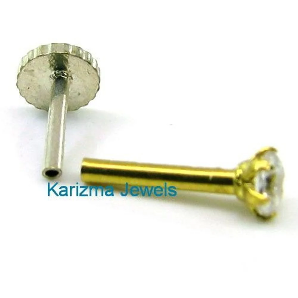 Indian Style Single Stone CZ Studded Body Piercing Jewelry Nose Stud Pin Solid Real 14k Yellow Gold - Image 3